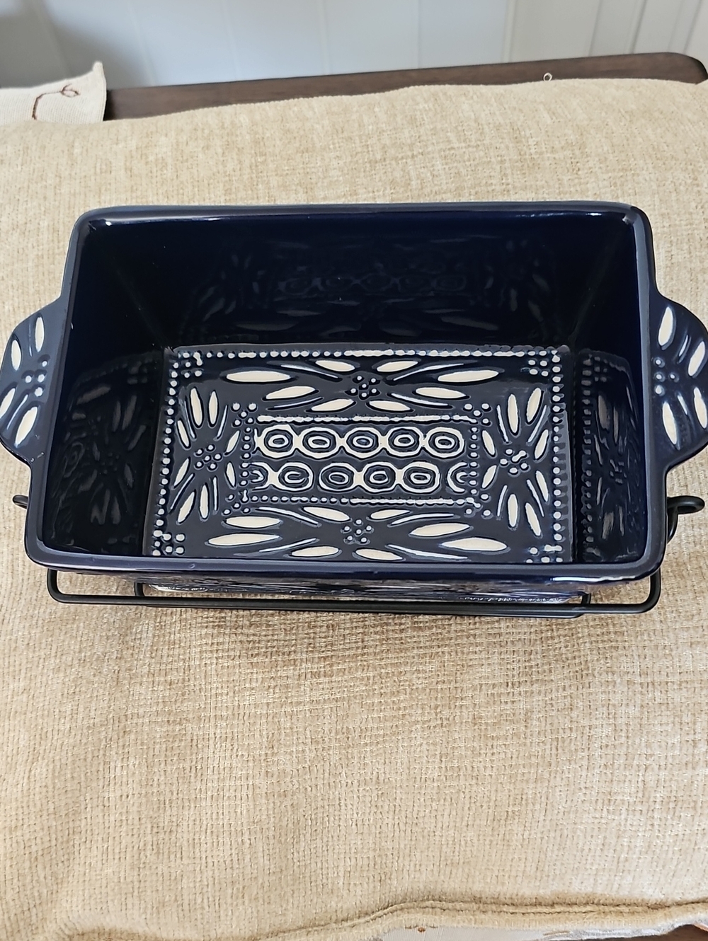 Temp-Tations Navy Blue Ceramic Baker with Decorative Pierced Pattern and Rack